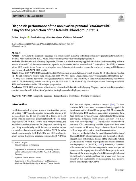 Pdf Diagnostic Performance Of The Noninvasive Prenatal Fetognost Rhd