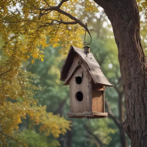 A Birdhouse Hanging From A Tree With A Tree In The Background Premium