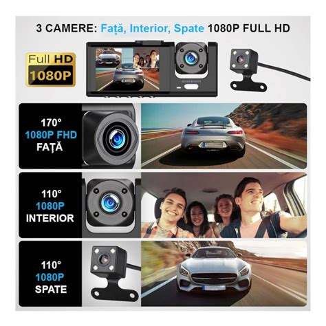 Camera Auto Tripla De Bord Full Hd P Lentile Unghi Inregistrare