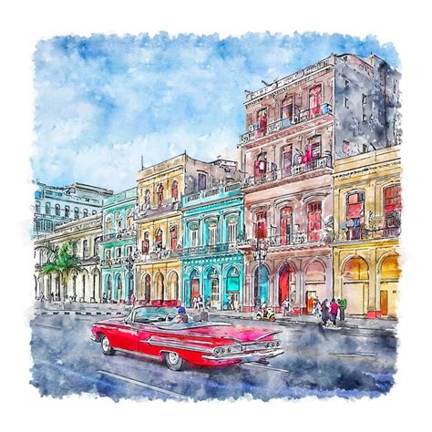 Premium Vector Havana Cuba Watercolor Sketch Hand Drawn Illustration