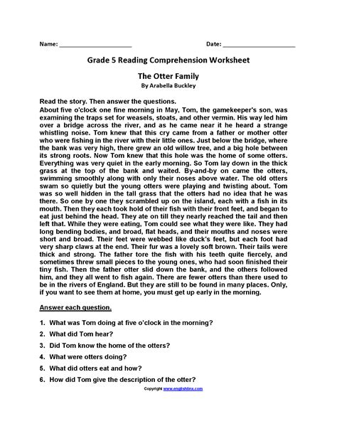 5th Grade Reading Comprehension Worksheet Reading Comprehension