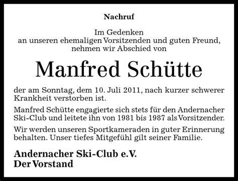 Traueranzeigen von Manfred Schütte rz trauer de