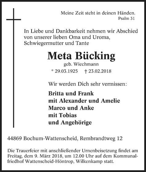 Traueranzeigen von Meta Bücking Trauer in NRW de