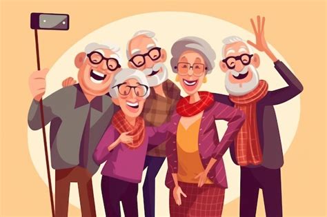 Ilustraci N De Un Grupo De Ancianos Felices Haciendo Selfies Juntos