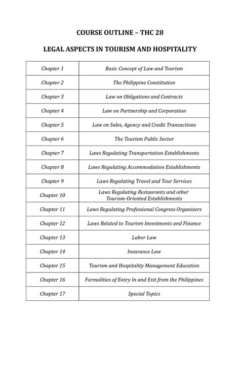 Course Outline THC28 COURSE OUTLINE THC 28 LEGAL ASPECTS IN TOURISM