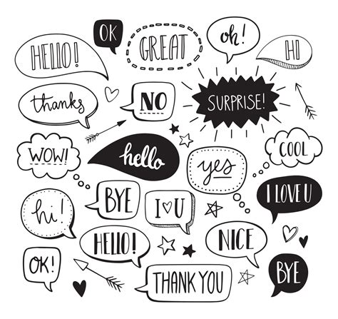 Hand Drawn Set Of Speech Bubbles With Dialog Words Hello Love Bye