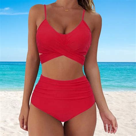 Cheap Suspender Split Swimsuit Solid Color High Waist Bikini Set Joom