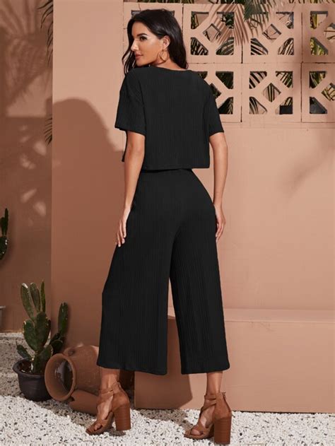 Shein Lune Drop Shoulder Crop Tee And Wide Leg Pants Set Shein Usa