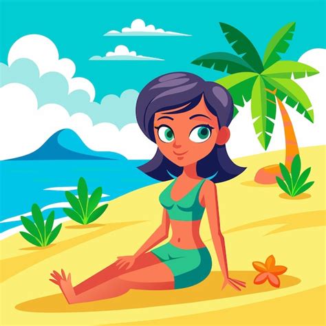 Femme en bikini fille d été en vacances maillot de bain de plage dessin animé stylé dessiné à