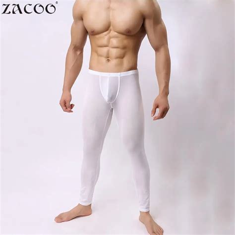 Zacoo Men Basic Sleep Bottoms Homewear Sexy Bulge Pouch White Long