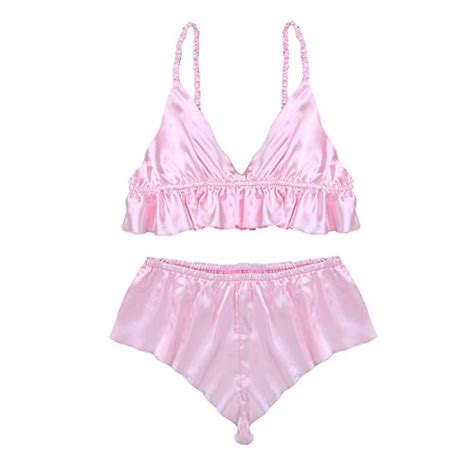 Freebily Men S 2 Piece Lingerie Set Satin Frilly Ruffles Bra Tops Sissy Pouch Panties Nightwear
