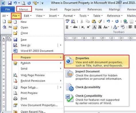 Where Is The Document Property In Word 2007 2010 2013 2016 2019 And 365