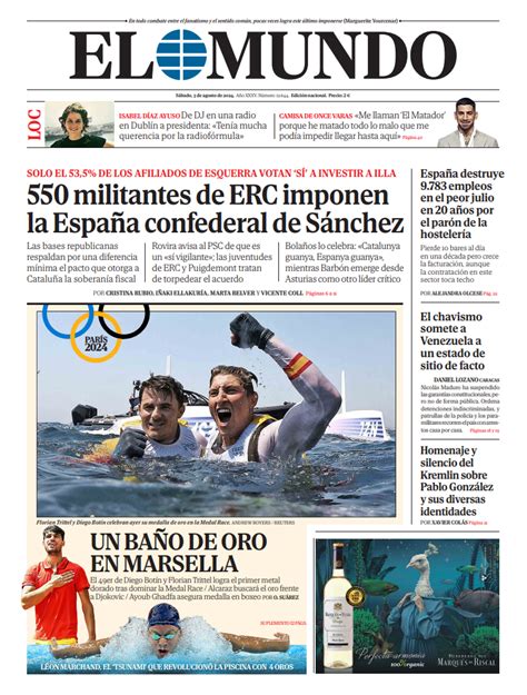 Portada De El Mundo Del S Bado De Agosto De Medios