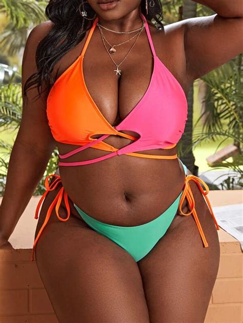 SHEIN Swim SXY Plus Color Block Bikini Set Crisscross Tie Back Wireless
