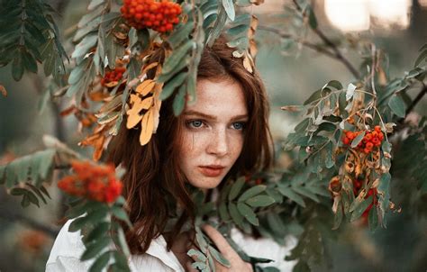 Wallpaper Look Leaves Girl Branches Face Berries Portrait