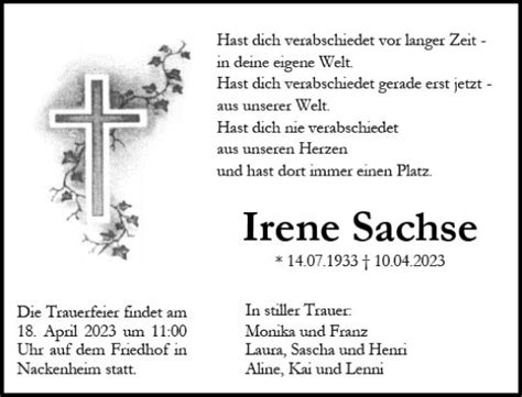 Traueranzeigen Von Irene Sachse Vrm Trauer De