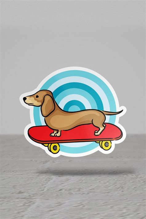 A Cute Sticker Of A Dachshund Wiener Dog On A Skateboard Surfboard