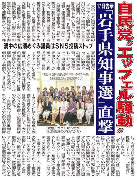 自民党“エッフェル騒動”が岩手県知事選を直撃！渦中の広瀬めぐみ議員がsnsストップし雲隠れ（日刊ゲンダイ） 赤かぶ