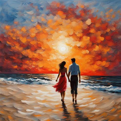 Palette knife painting of a romatic couple walking on sand Painting by Mounir Khalfouf | Saatchi Art