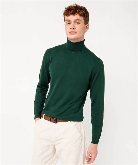 Pull Col Roul En Maille Fine Homme Vert Gemo