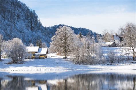 Sunny Winter Landscape in the Alps: Lake Hintersee in Salzburg, Snowy ...