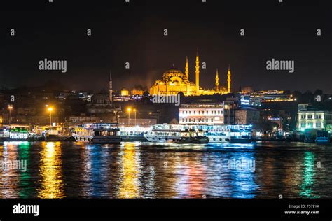 Ships Bosphorus at night Süleymaniye Mosque Golden Horn Istanbul