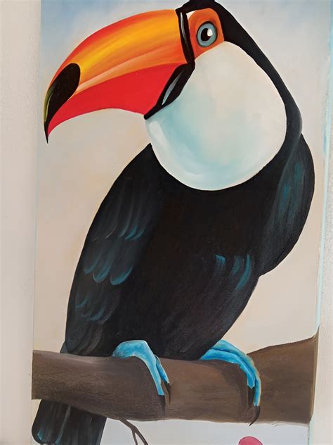 Quadro Decorativo Pássaro Tucano Paisagem Tela Pintado à Mão