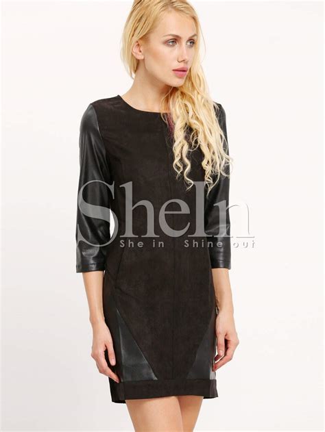 Vestido Cuello Redondo Pu Combinado Negro Spanish Shein Sheinside