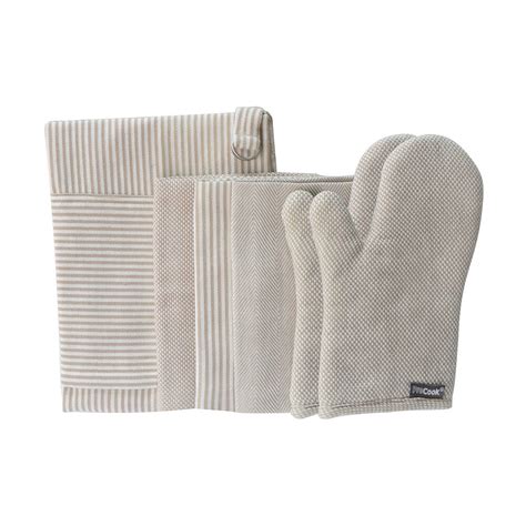 Kitchen Linen 3 Piece Set Black And Biscuit Aprons Oven Gloves And Tea