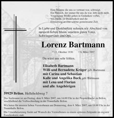 Traueranzeigen Von Lorenz Bartmann Trauer In Nrw De