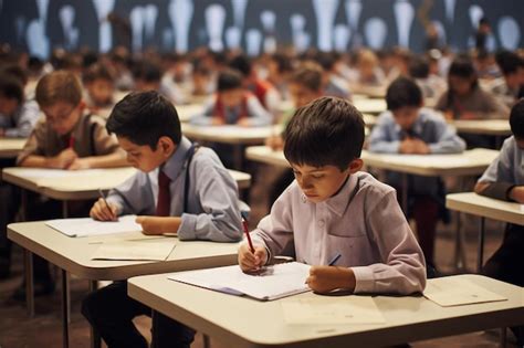 Un niño está escribiendo en un salón de clases con otros niños Foto