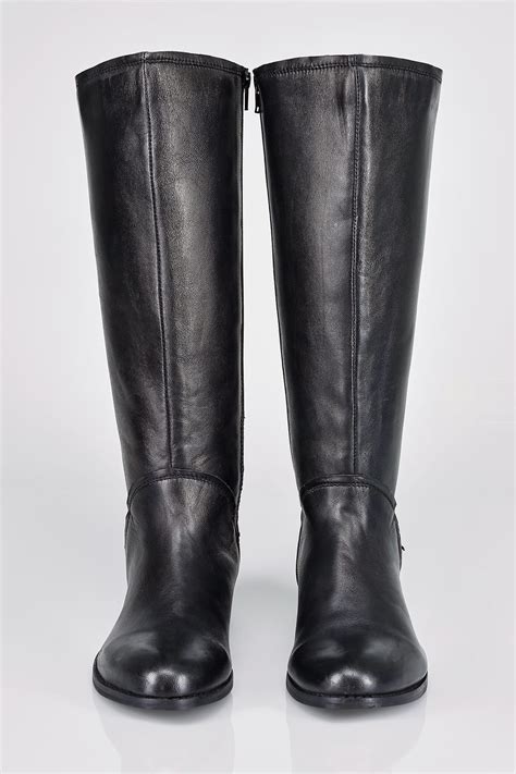 Black Leather Knee High Riding Boots With Buckle Detail In Eee Fit