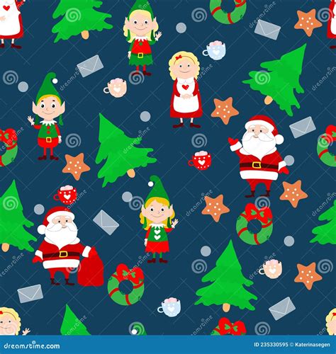 Christmas Seamless Pattern Santa Claus And Mrs Santa Claus Funny Elves