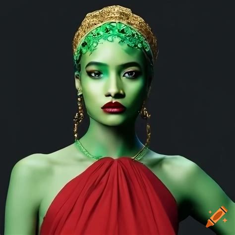 Stunning Makeup And Fashion Look With Green And Gold Accents On Craiyon