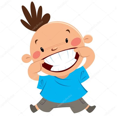 niño feliz sonriendo señalando su sonrisa y los dientes — Archivo Imágenes Vectoriales ...