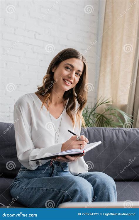 Charming And Happy Brunette Woman In Stock Image Image Of Broadcaster Casual