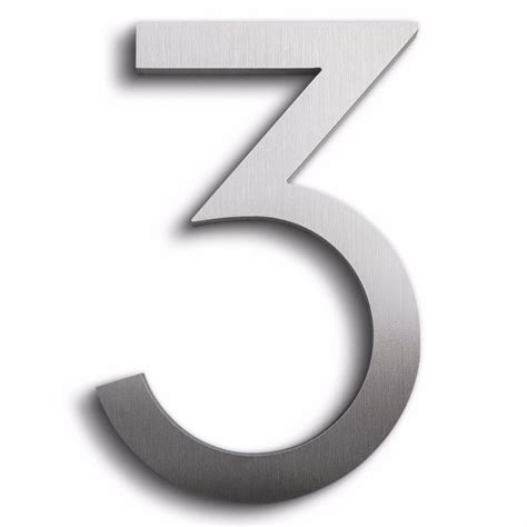 House Numbers Modern Font Three 3 Brushed Aluminum Floating