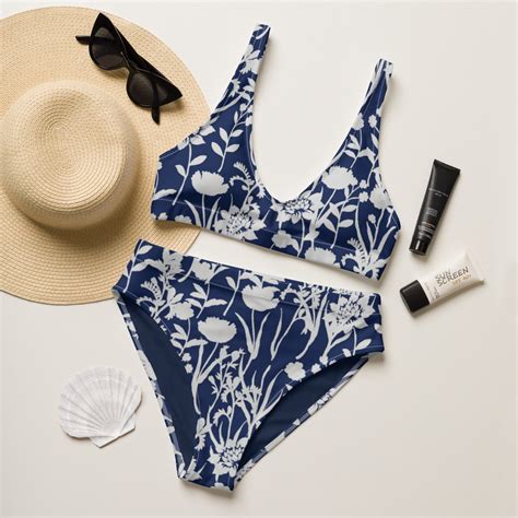 Vintage Blue Floral Bikini Set Retro Crop Top Bikini Vintage High Waisted Swim Suit Recycled