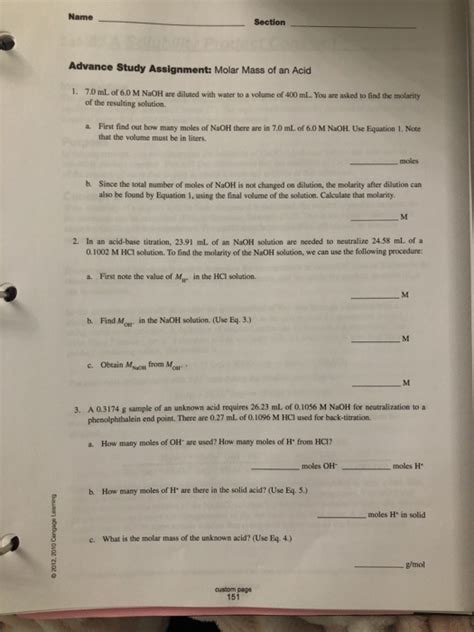 Solved Name Section Advance Study Assignment Molar Mass Of Chegg