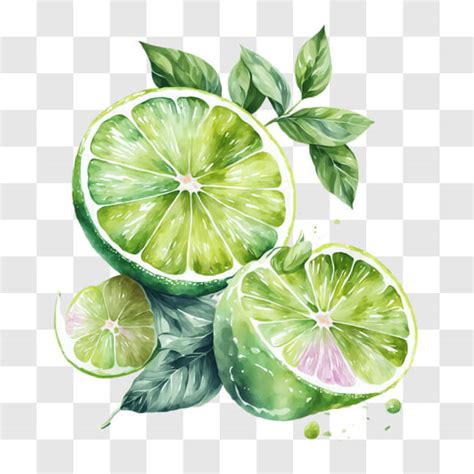 Download Watercolor Painting Of Lime Slices With Green Leaves Png Online Creative Fabrica