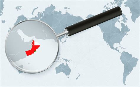 Asia centered world map with magnified glass on Oman. Focus on map of ...