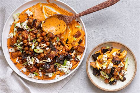 Roasted Aubergine And Chickpea Salad With Harissa Cashew Cream