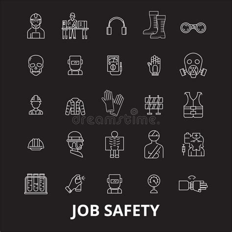 Job Safety Editable Line Icons Vector Set On Black Background Job