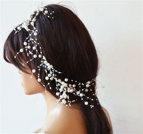 Bridal Headband With Pearls Wedding Long Hair Vine Bridal Etsy