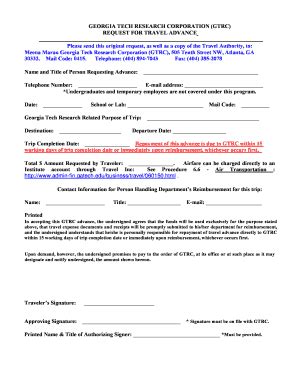 Fillable Online Gtrc Gatech GTRC Request For Travel Advance Form