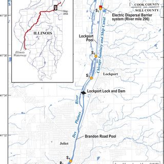 Map of the study reach of the Illinois Waterway, from Brandon Road Lock ...