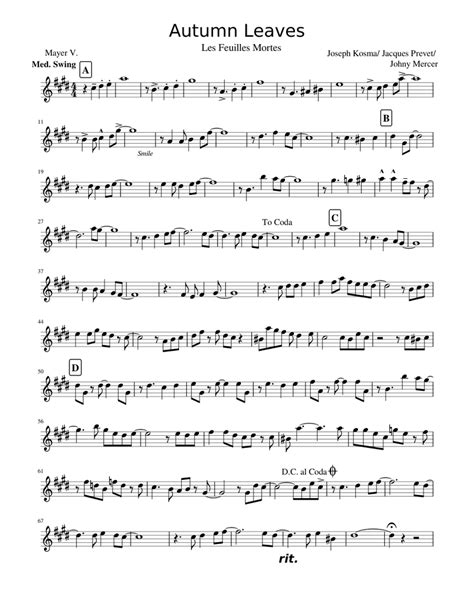 Autumn Leaves Sheet Music For Saxophone Alto Solo