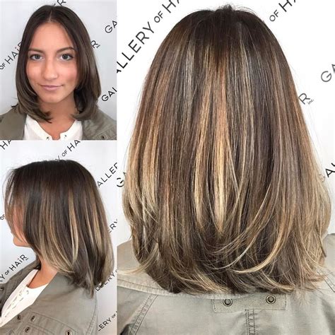 Brunette Layered Blowout Bob With Face Framing Layers And Color Melt