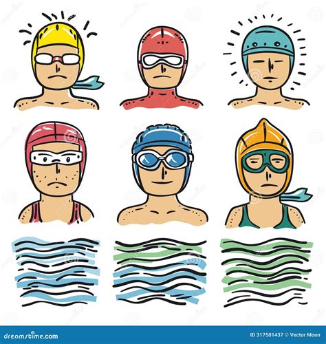 Swimmers Wearing Goggles Caps Various Expressions Handdrawn Style