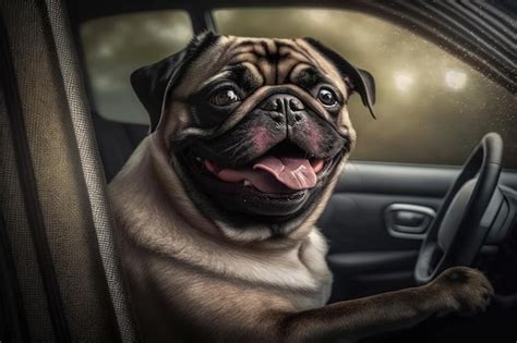 Premium Ai Image Dog Pug Purebred Dog With A Smile In The Car